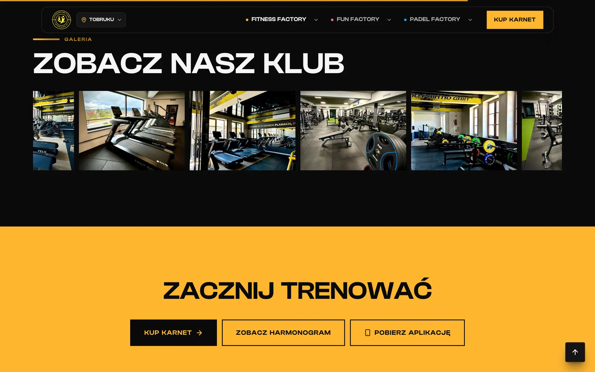 Karuzela zdjęć klubu Tobruku i sekcja Zacznij trenować z przyciskami Kup karnet, Zobacz harmonogram i Pobierz aplikację
