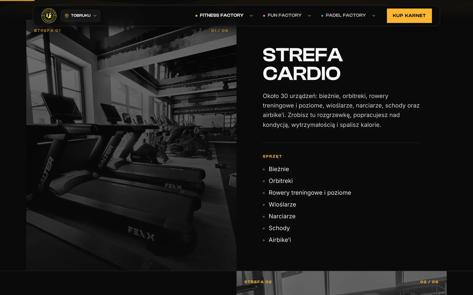 Podstrona Oferta i strefy klubu Tobruku: Strefa Cardio ze zdjęciem, opisem i listą sprzętu