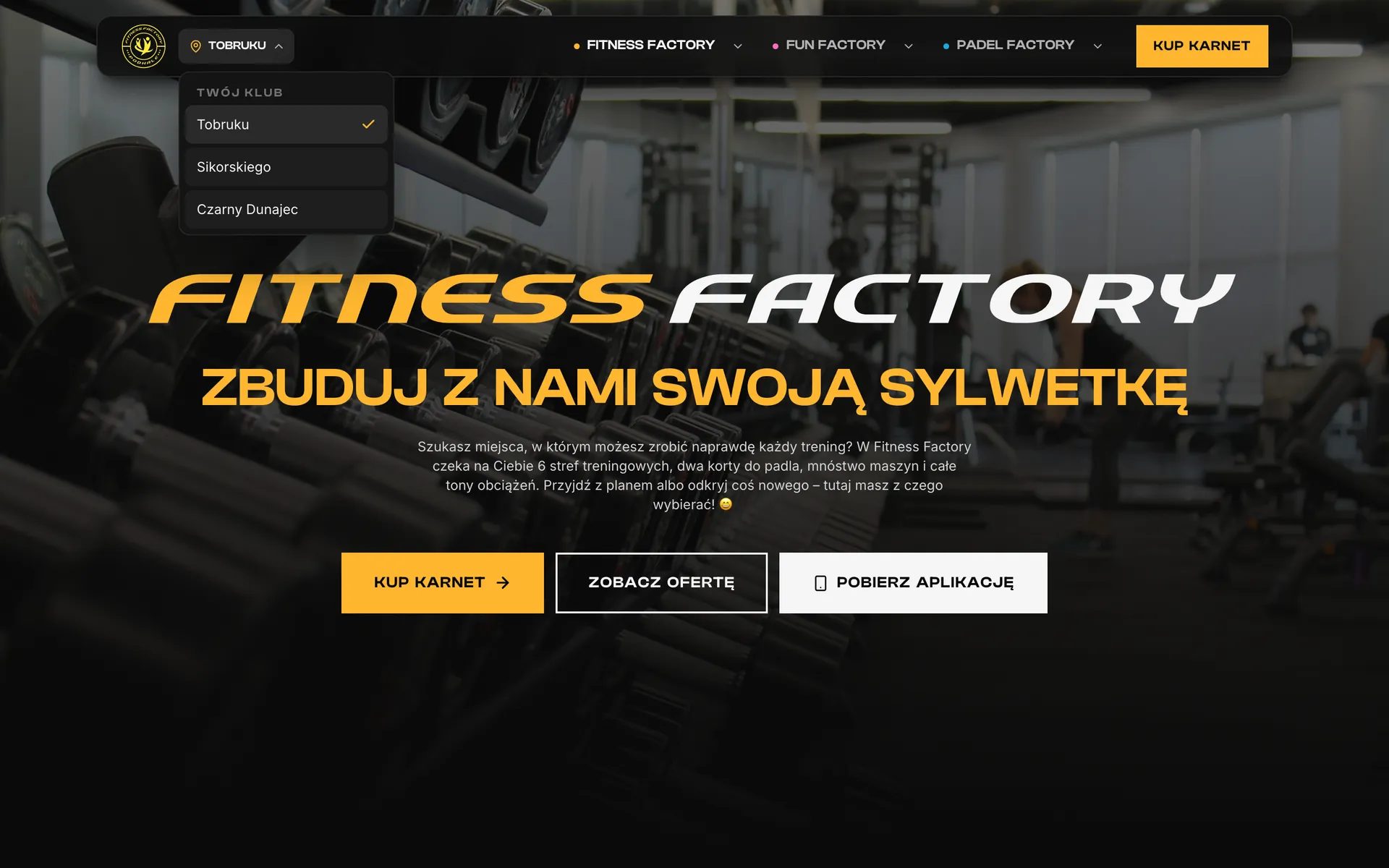 Strona klubu Fitness Factory przy os. Bohaterów Tobruku z otwartym przełącznikiem klubu: Tobruku, Sikorskiego, Czarny Dunajec