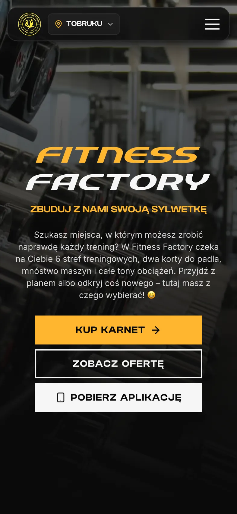 Strona klubu Fitness Factory Tobruku w telefonie z przyciskami Kup karnet, Zobacz ofertę i Pobierz aplikację