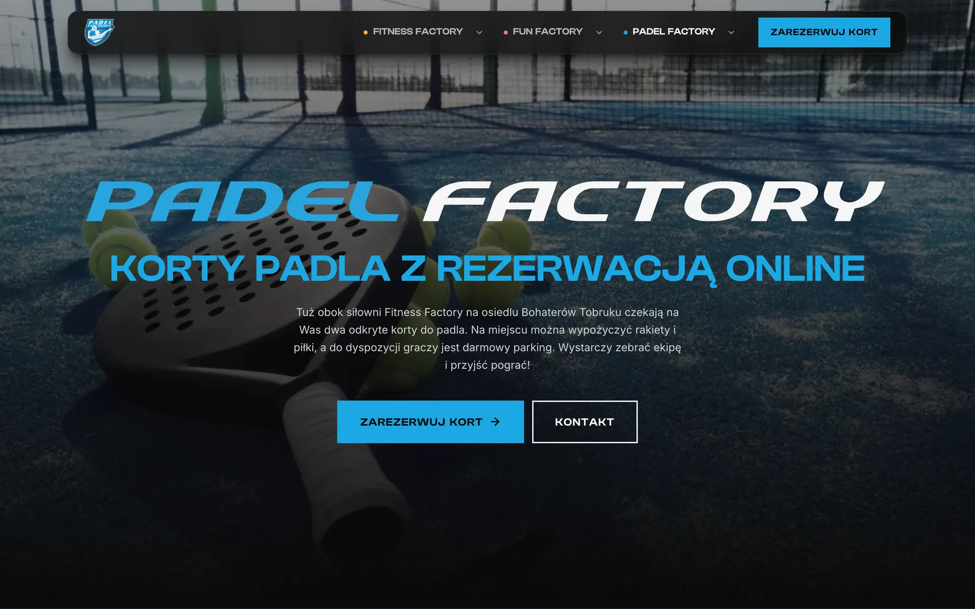 Strona Padel Factory: korty padla z rezerwacją online i przyciskiem Zarezerwuj kort