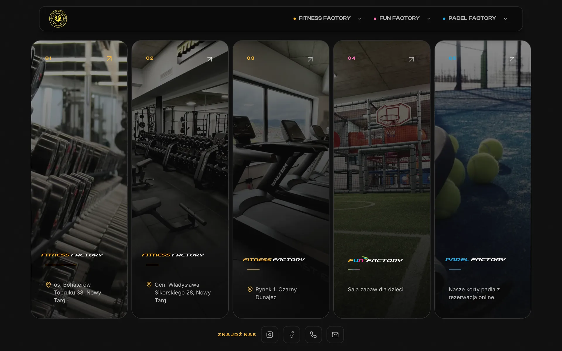 Strona główna ffnt.pl na komputerze: pięć kafli – trzy kluby Fitness Factory z adresami, Fun Factory i Padel Factory