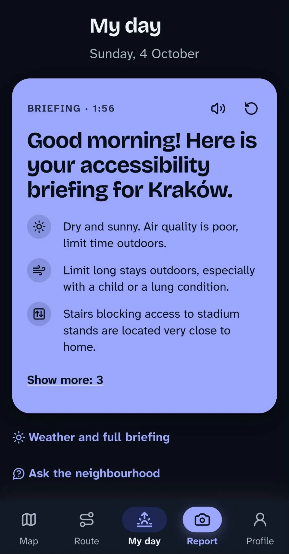 Poranny briefing dostępności dla Krakowa w aplikacji Pulse