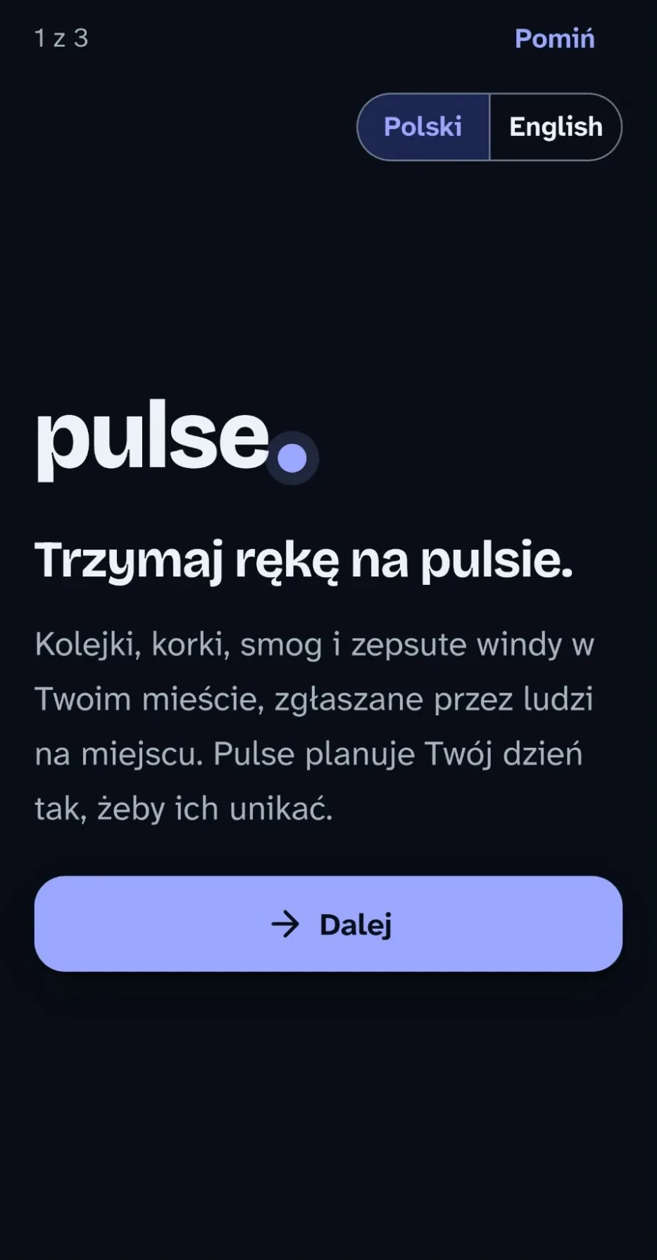 Ekran powitalny Pulse z wyborem języka Polski lub English i hasłem Trzymaj rękę na pulsie