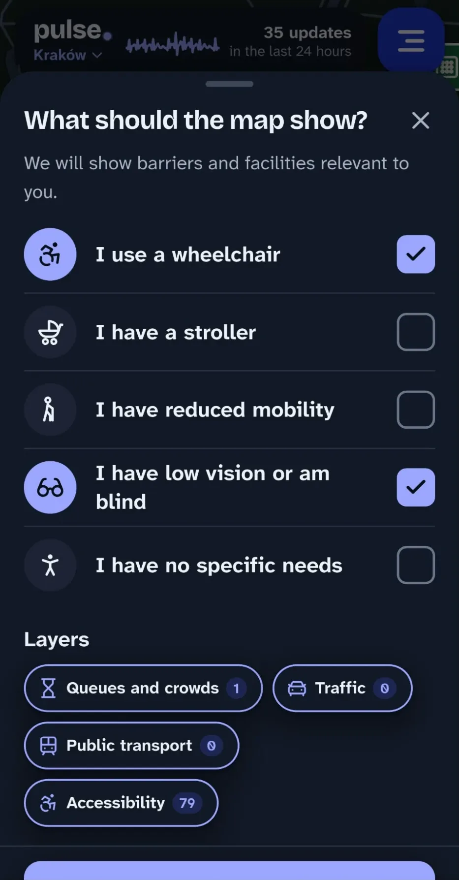 Ekran wyboru potrzeb w Pulse: wózek, wózek dziecięcy, ograniczona mobilność, słaby wzrok lub niewidomy, oraz warstwy mapy: kolejki, ruch, komunikacja, dostępność