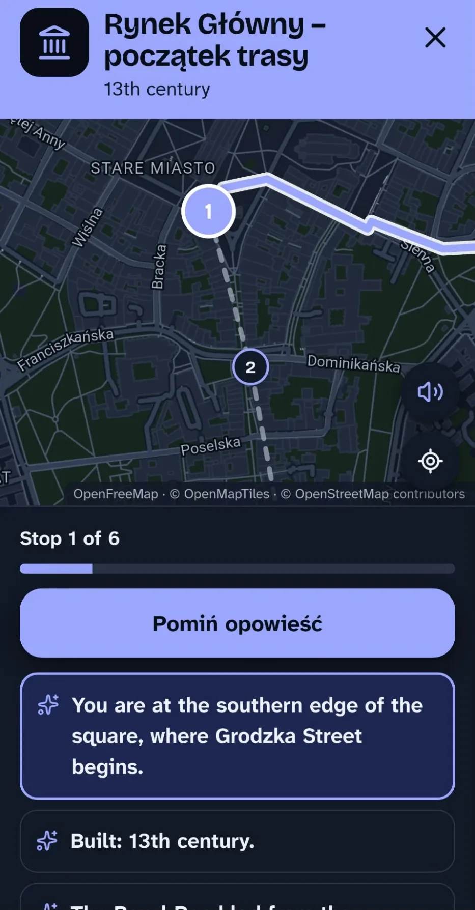 Trasa zwiedzania w Pulse: Rynek Główny jako przystanek 1 z 6, mapa z kolejnymi punktami, przycisk Pomiń opowieść i opis miejsca
